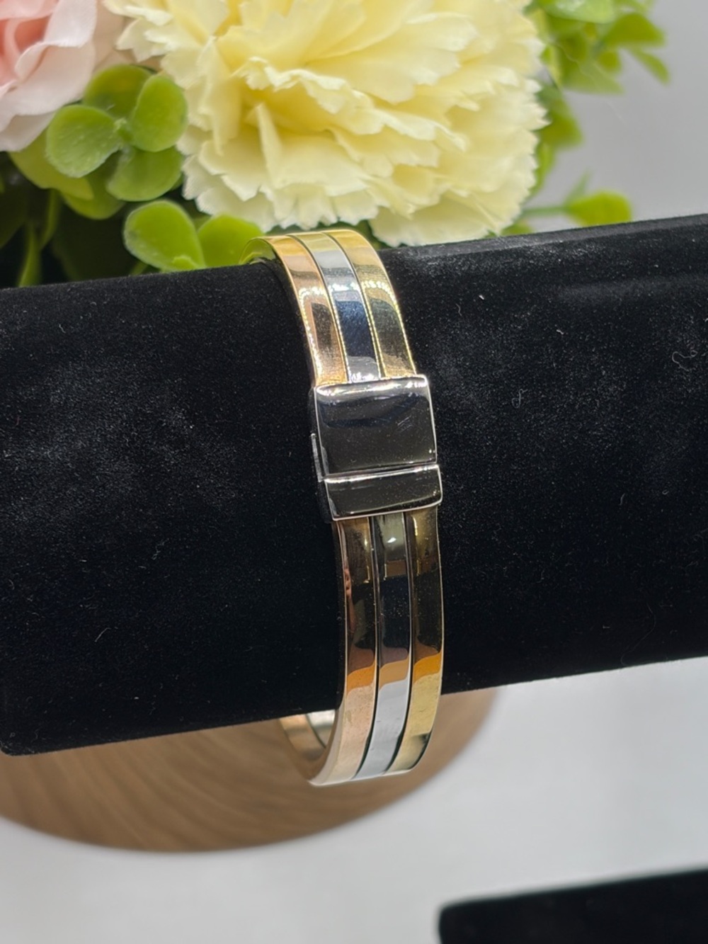 Tri-Tone Stainless Steel Hinged Bangle Bracelet - Gold, Silver, Rose Gold